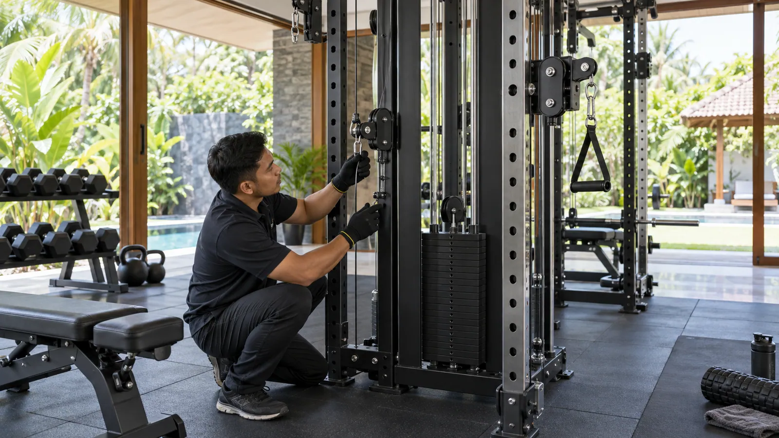 Teknisi memeriksa pelapis kabel dan alignment pulley pada rack multifungsi