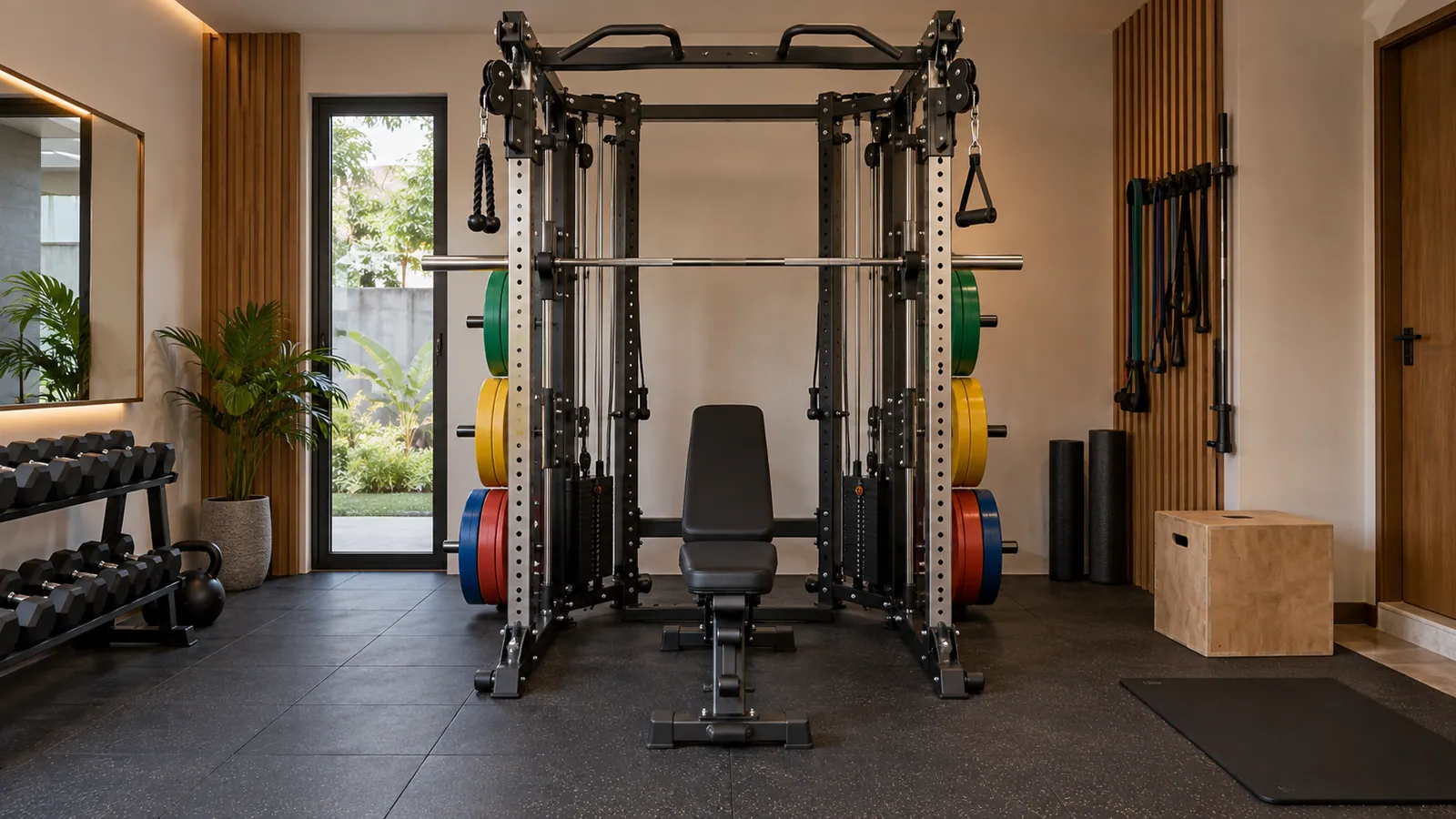 Power rack dengan plate seimbang pada horn belakang dan area latihan bebas