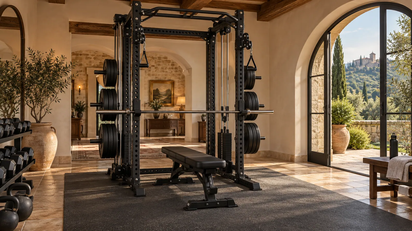 Power rack con portadischi posteriori caricati in modo simmetrico e zona libera
