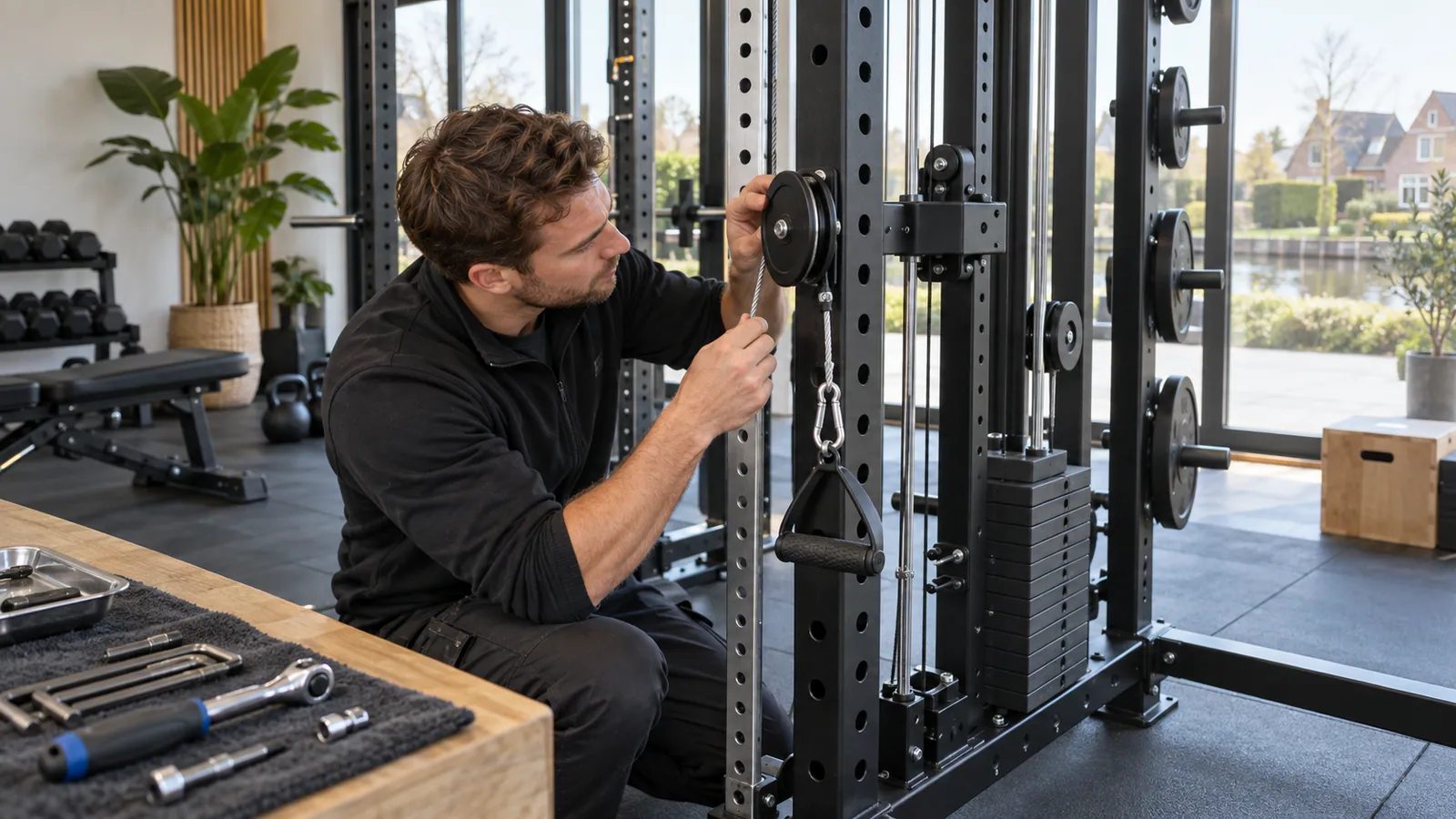 Monteur controleert kabelmantel en katroluitlijning van een multifunctioneel rack