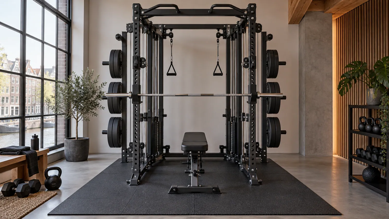 Power rack met gelijkmatig beladen achterste schijfhouders en vrije trainingszone