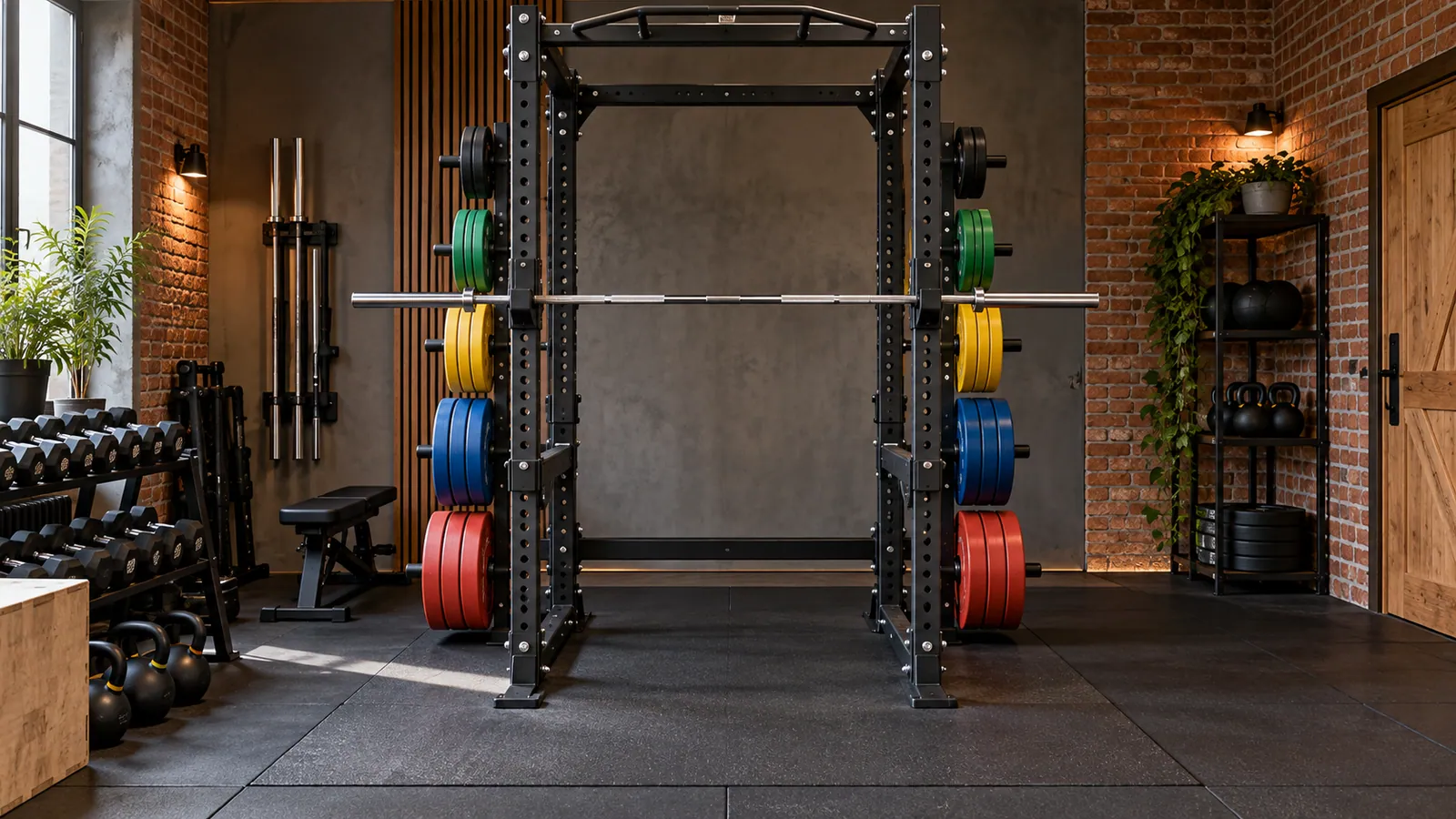 Power rack z symetrycznie załadowanymi tylnymi trzpieniami i wolną strefą ćwiczeń