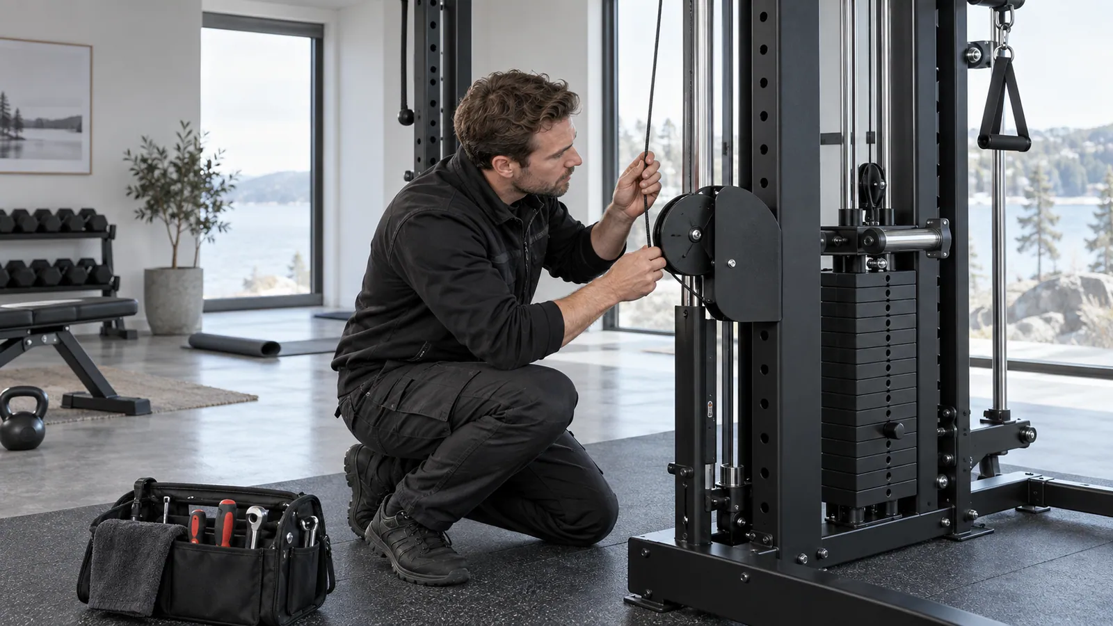 Tekniker kontrollerar kabelhölje och trisslinjering på ett multifunktionellt rack