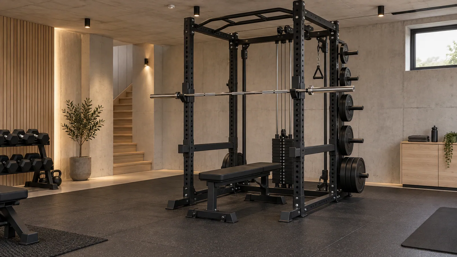 Power rack med jämnt lastade bakre skivhållare och fri träningsyta