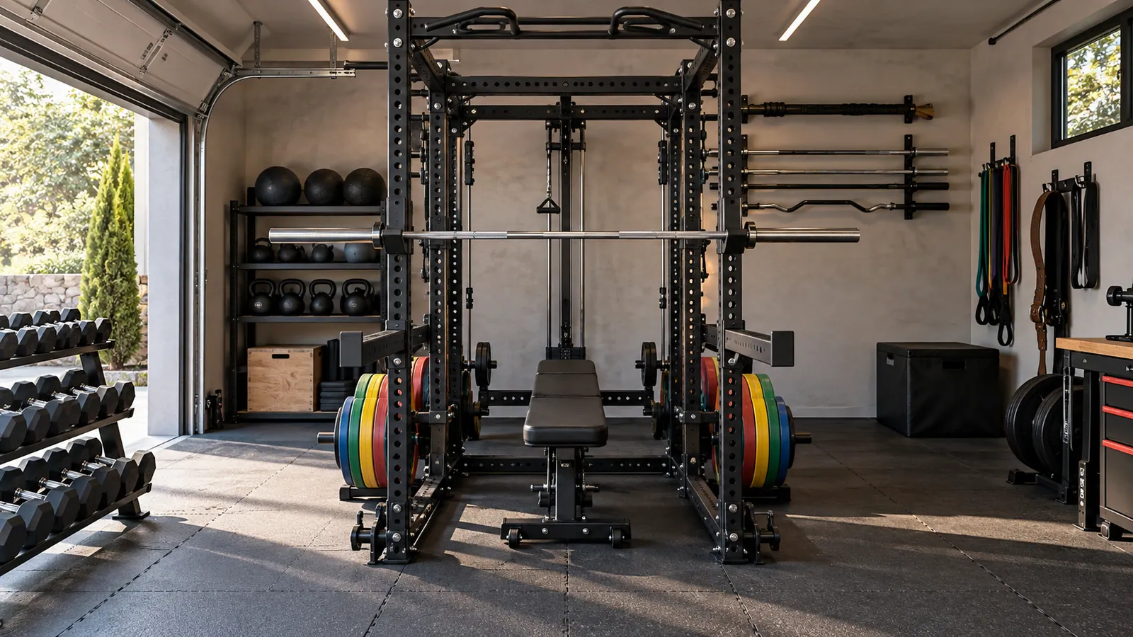 Arka depolama pimleri dengeli yüklü ve çalışma alanı açık power rack