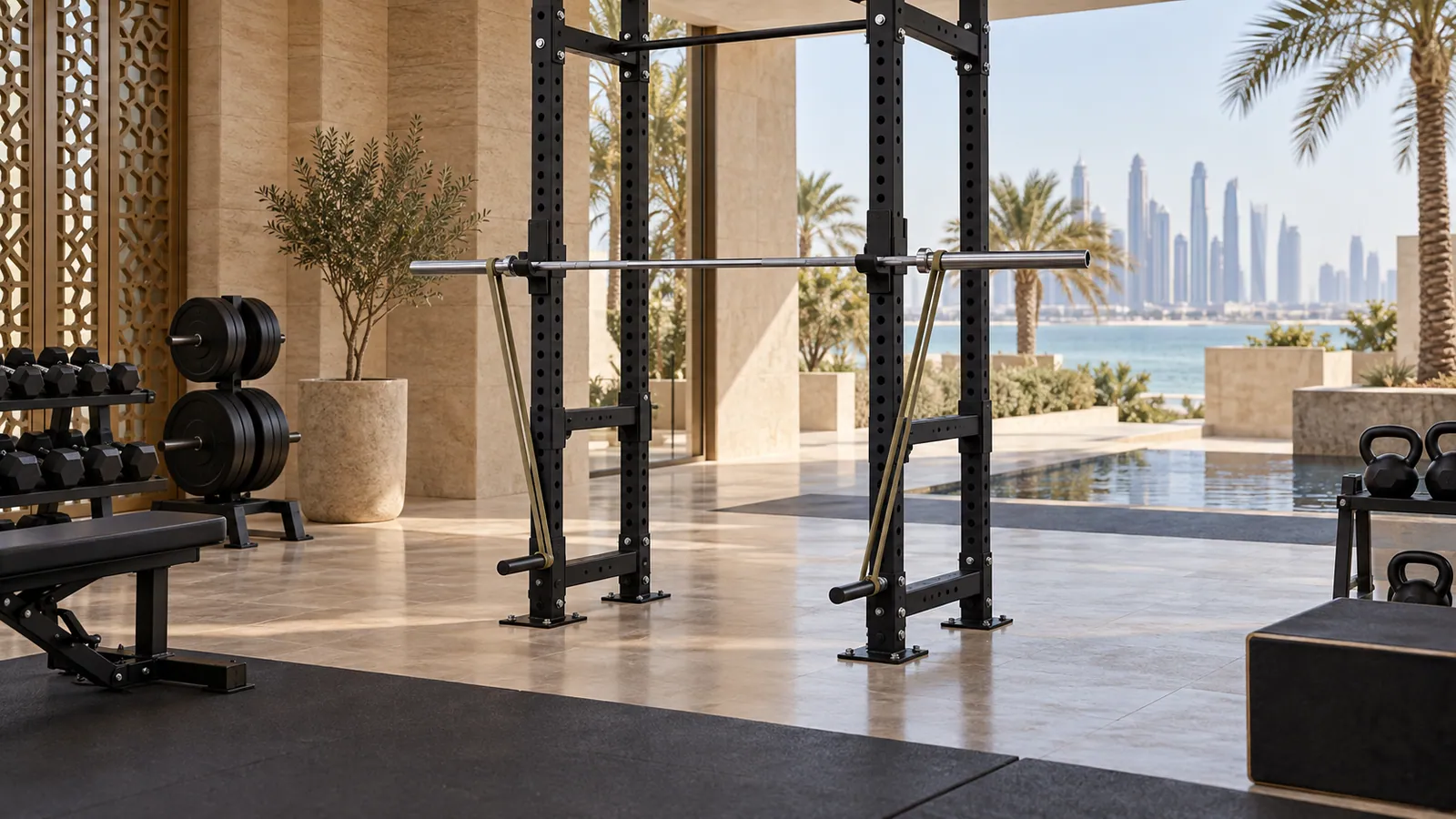 Power Rack مثبت مع Band Pegs متناظرة وأشرطة مقاومة على القضيب