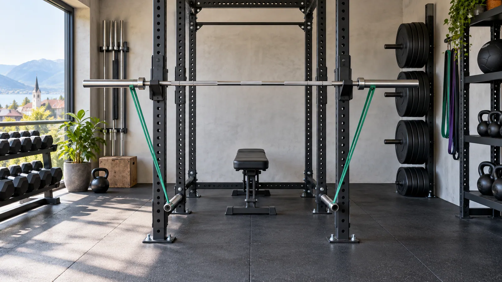 Verankertes Power Rack mit paarigen Band Pegs und symmetrischen Widerstandsbändern