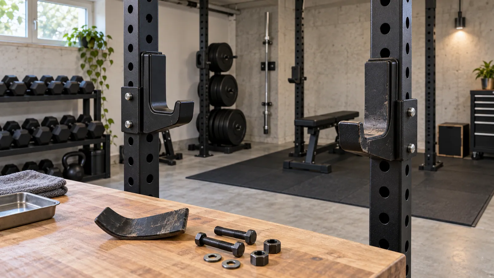 Nahaufnahme intakter und verschlissener Schutzauflagen an Power-Rack-J-Cups