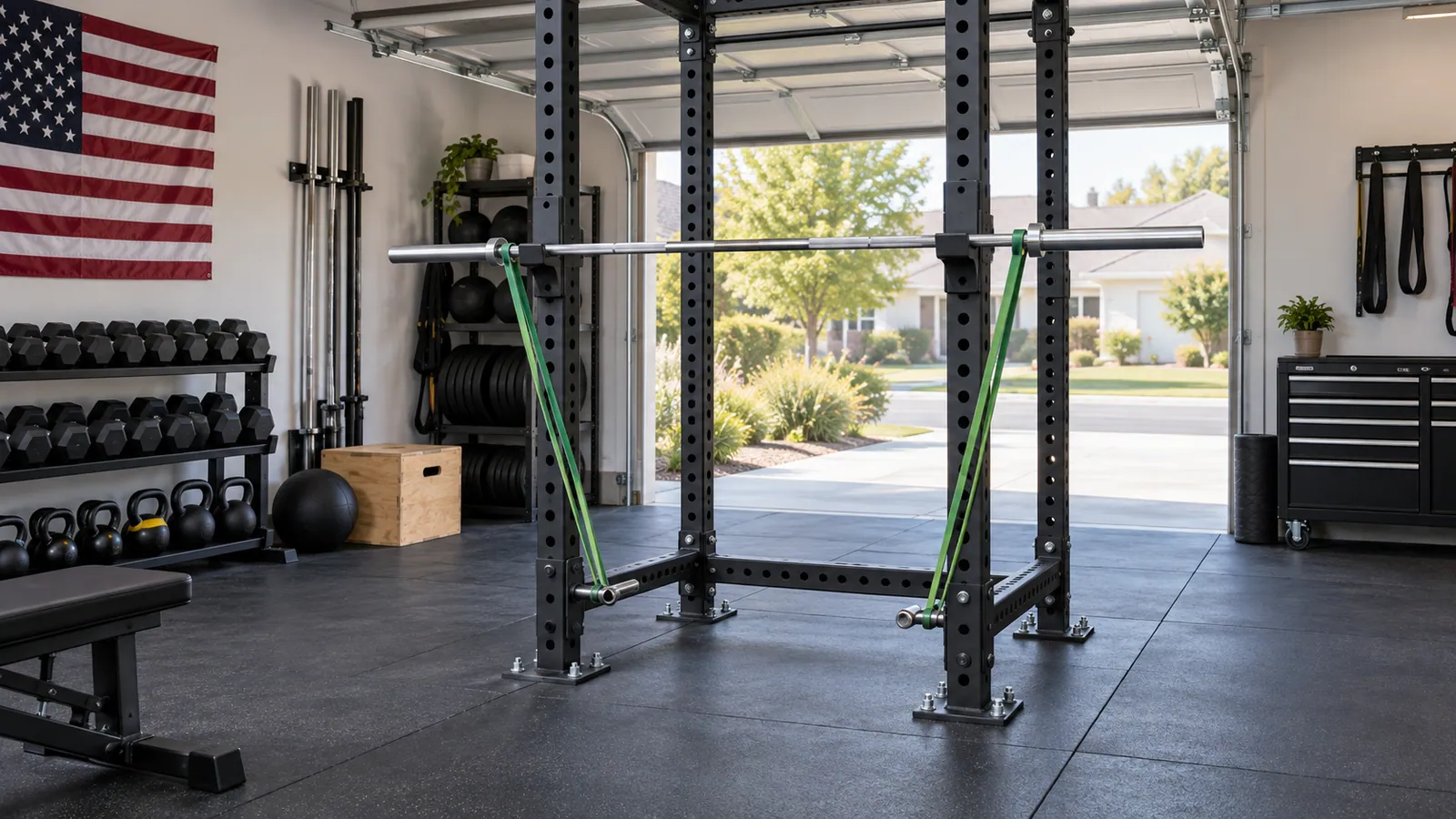 Anchored power rack with paired band pegs and symmetric resistance bands on a barbell