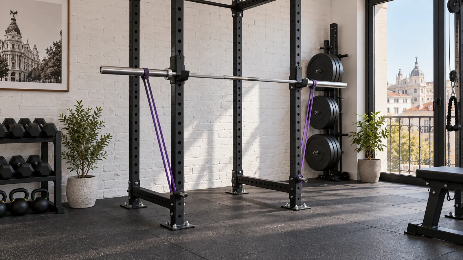 Power rack anclado con band pegs emparejados y bandas simétricas en la barra