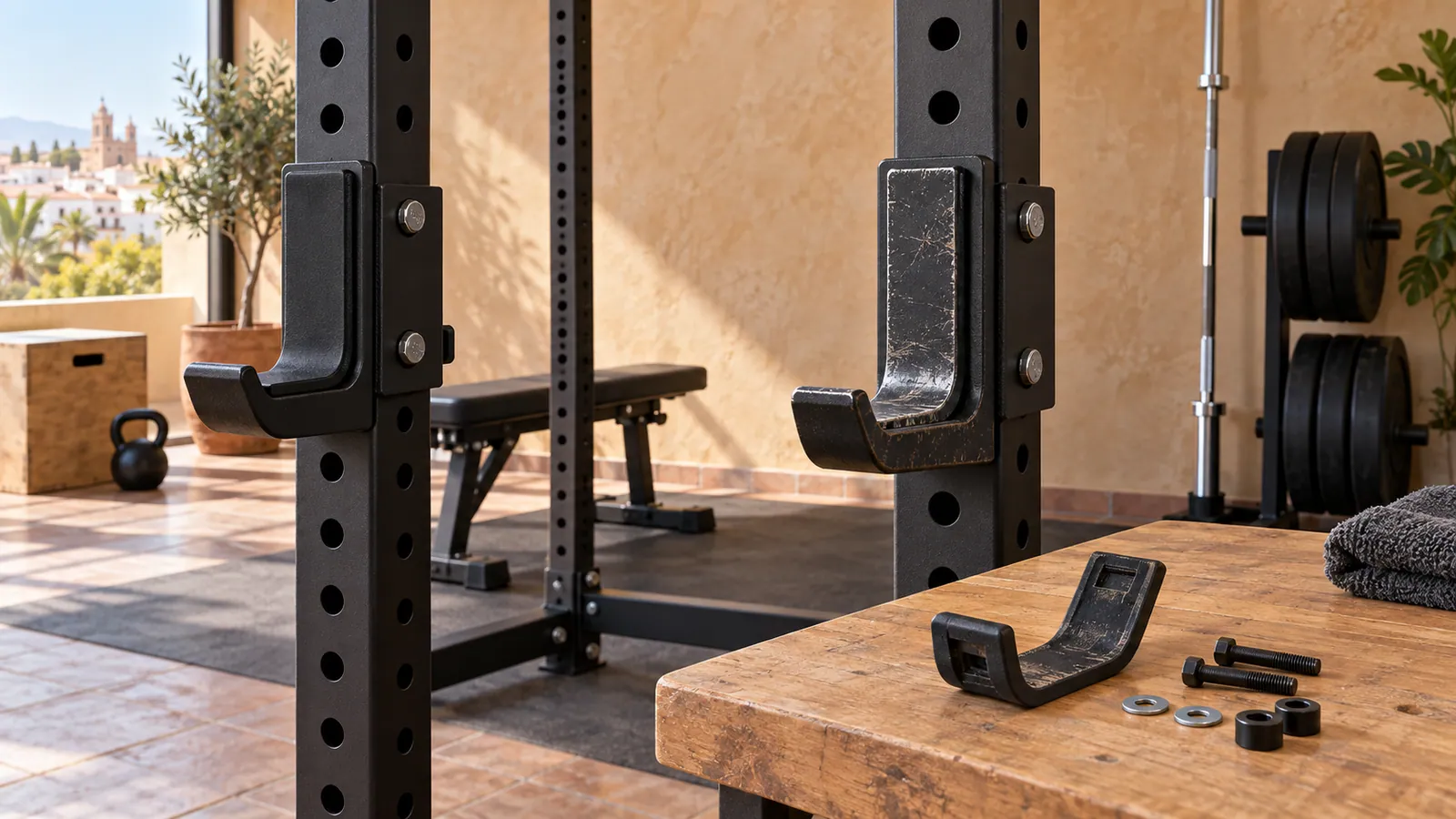 Revisión cercana de protectores nuevos y gastados en J-cups de power rack