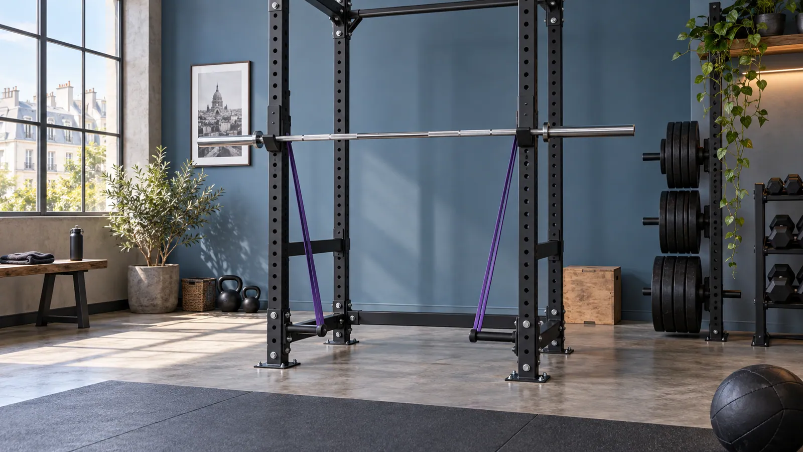 Power rack ancré avec deux band pegs et bandes symétriques sur une barre
