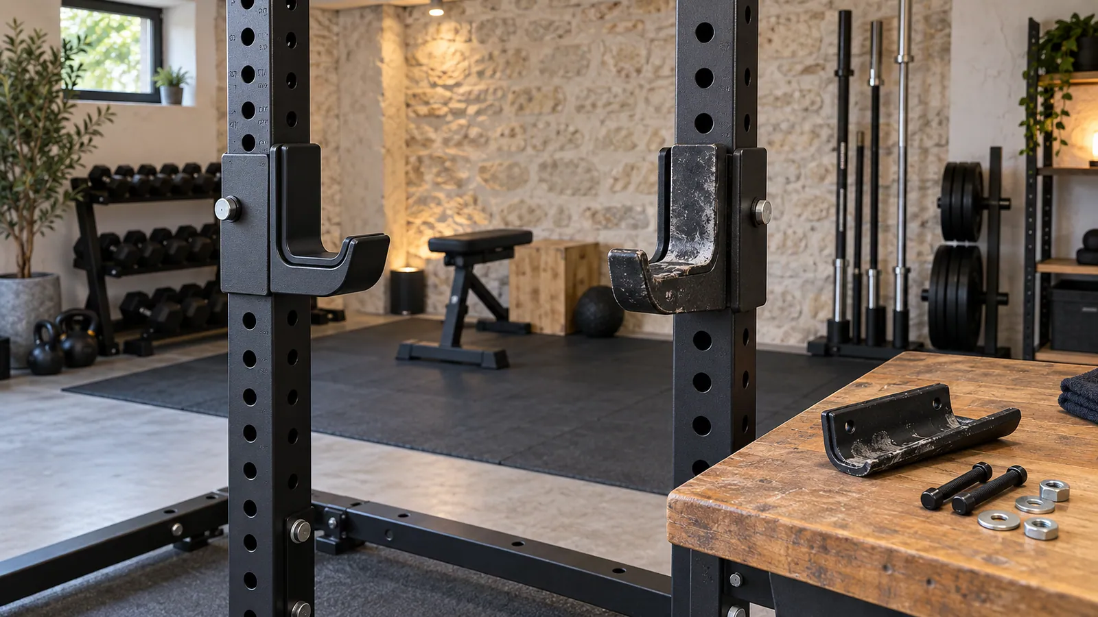 Inspection rapprochée de garnitures intactes et usées sur des J-cups de power rack