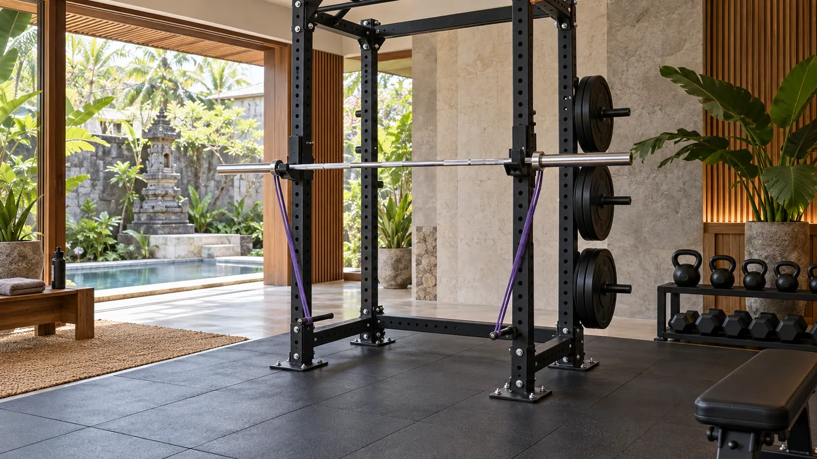 Power rack terjangkar dengan sepasang band peg dan resistance band simetris pada bar