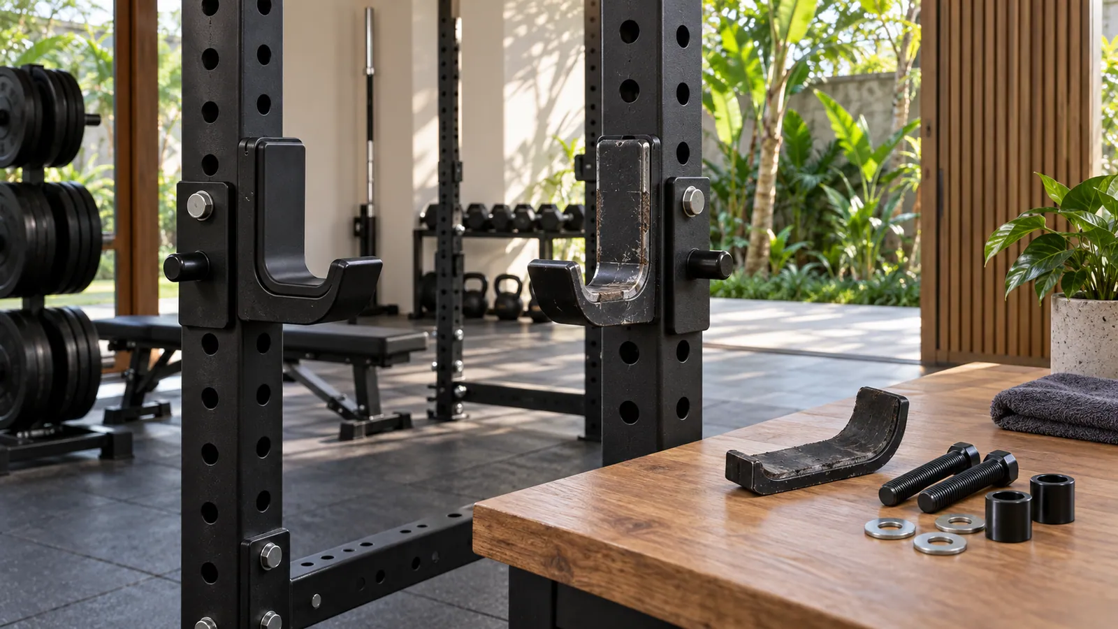 Tampak dekat liner J-cup power rack yang masih baik dan yang aus