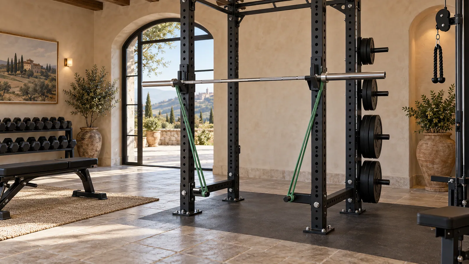 Power rack ancorato con band pegs in coppia e bande simmetriche sul bilanciere