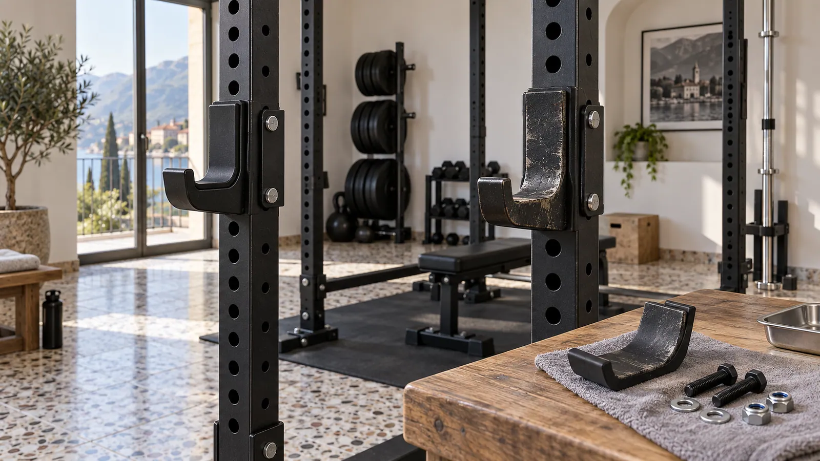 Dettaglio di protezioni integra e usurata su J-cup di un power rack