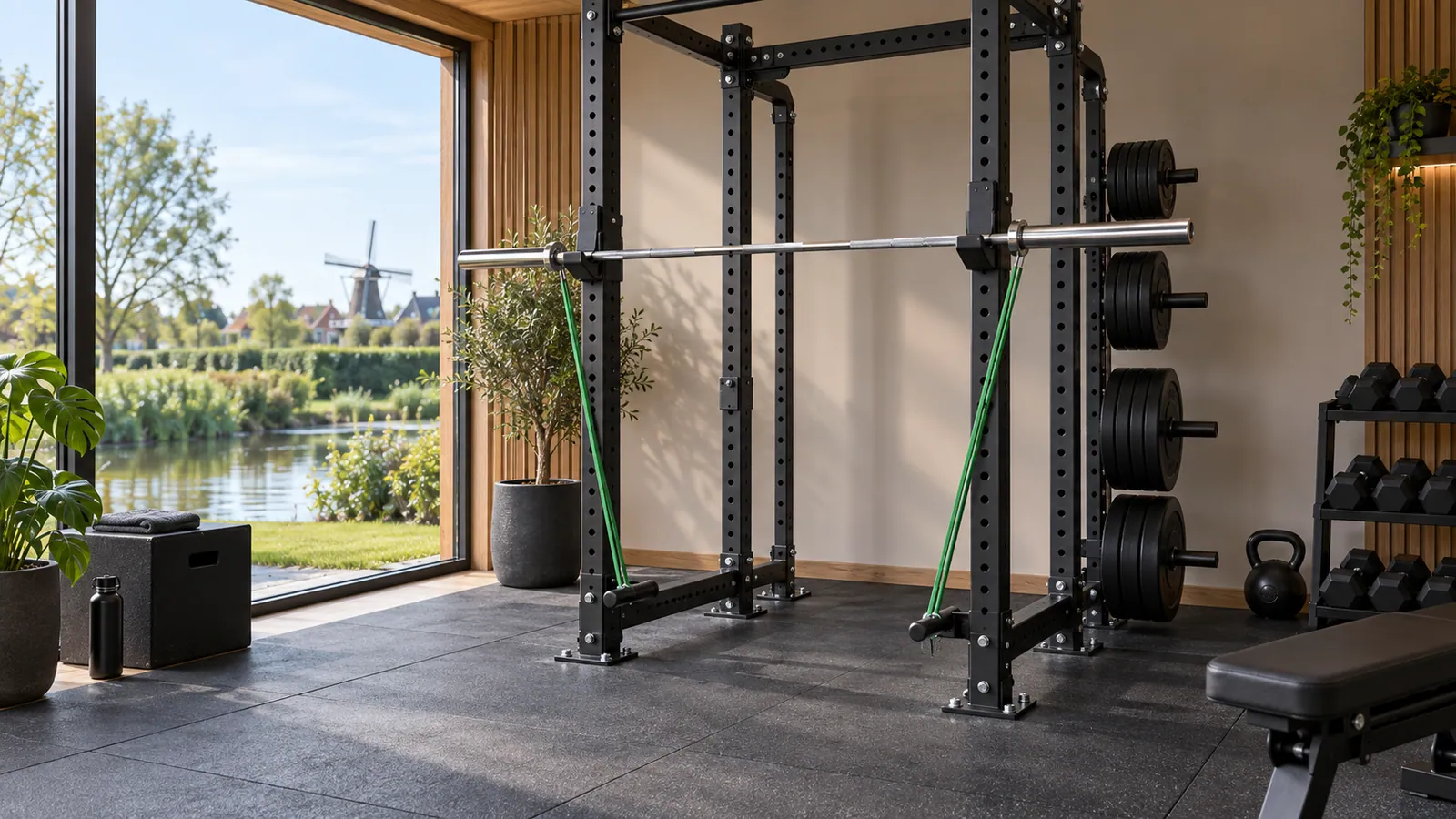 Verankerd power rack met twee band pegs en symmetrische weerstandsbanden aan de halter