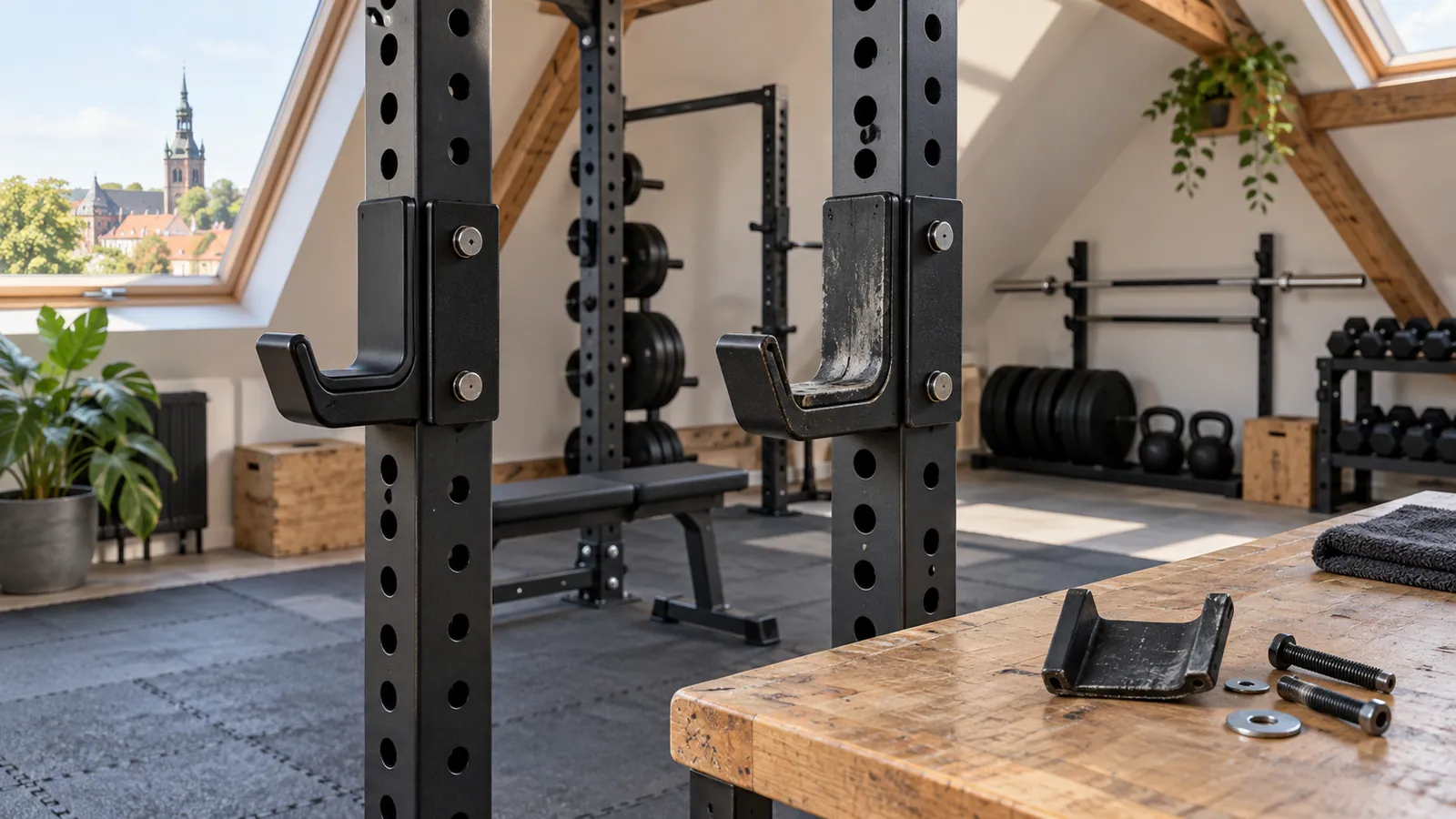 Close-up van intacte en versleten beschermvoering op power-rack J-cups