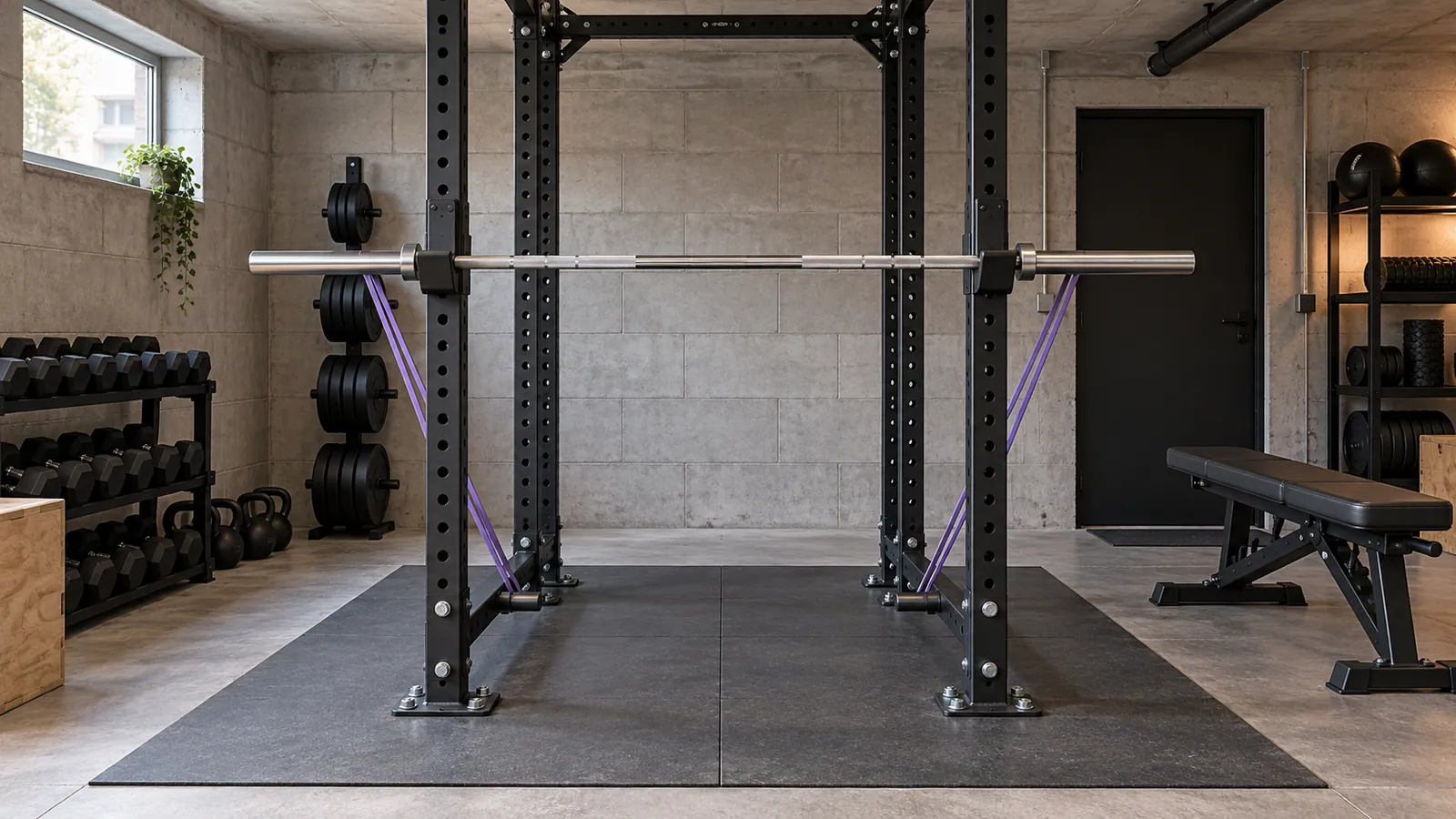 Zakotwiony power rack z parą band pegów i symetrycznymi taśmami na gryfie