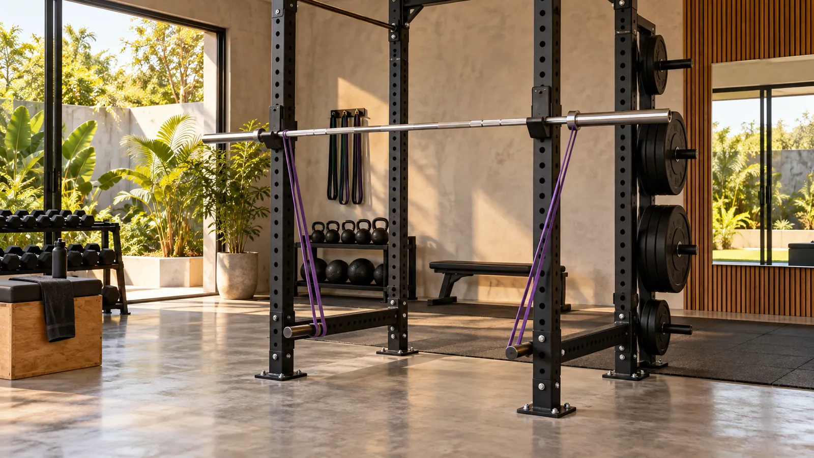 Power rack ancorado com band pegs pareados e faixas simétricas na barra