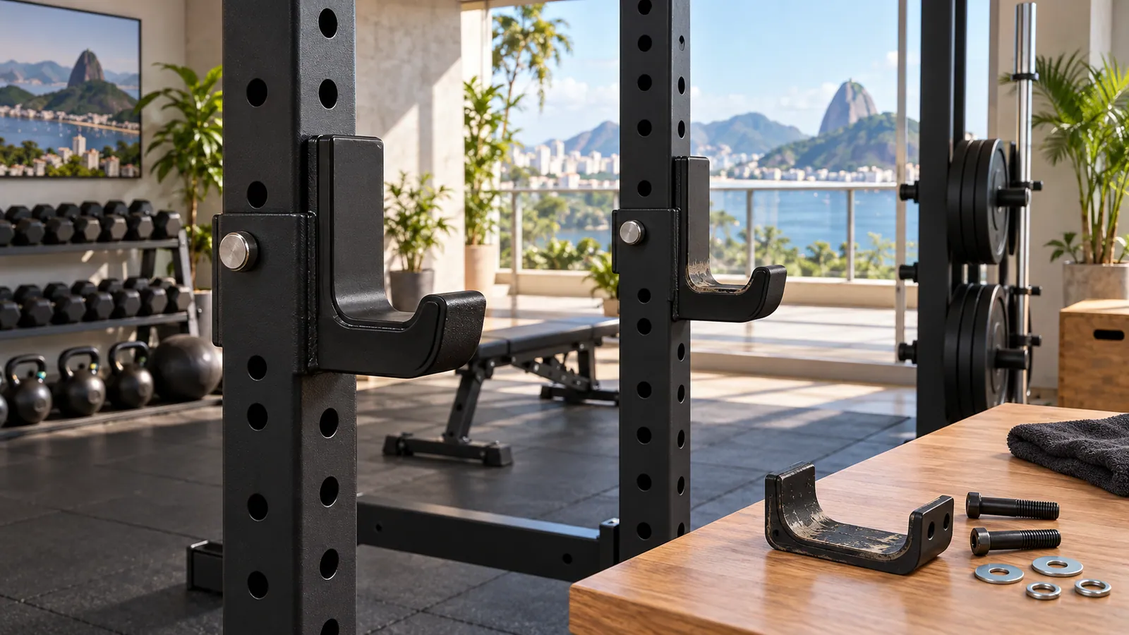 Comparação próxima entre revestimento íntegro e gasto em J-cups de power rack