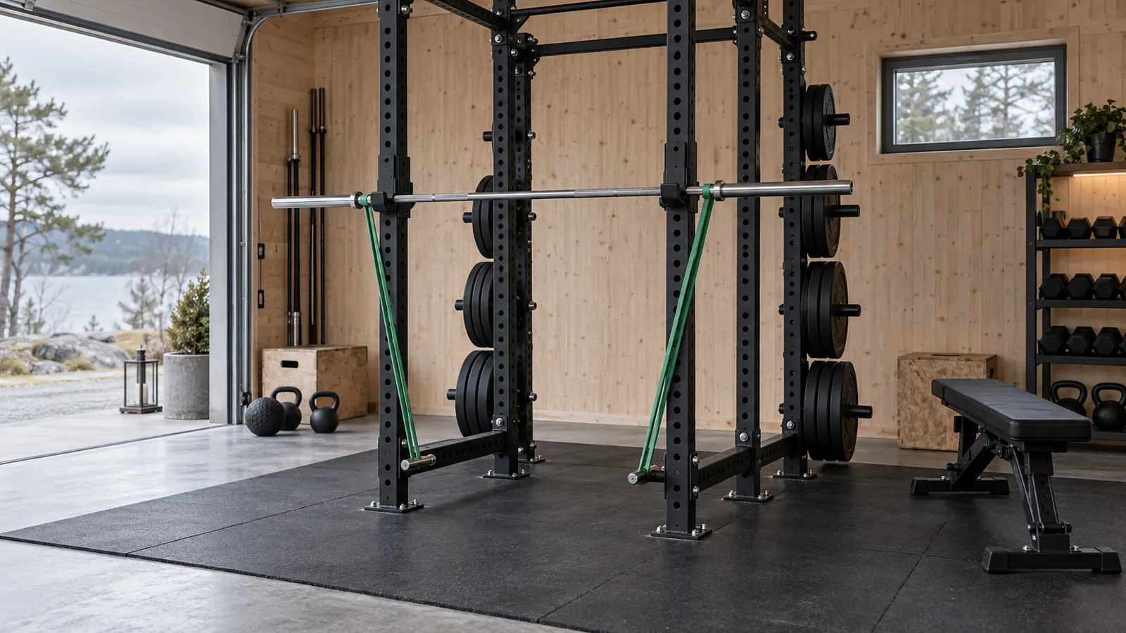 Förankrat power rack med två band pegs och symmetriska motståndsband på stång