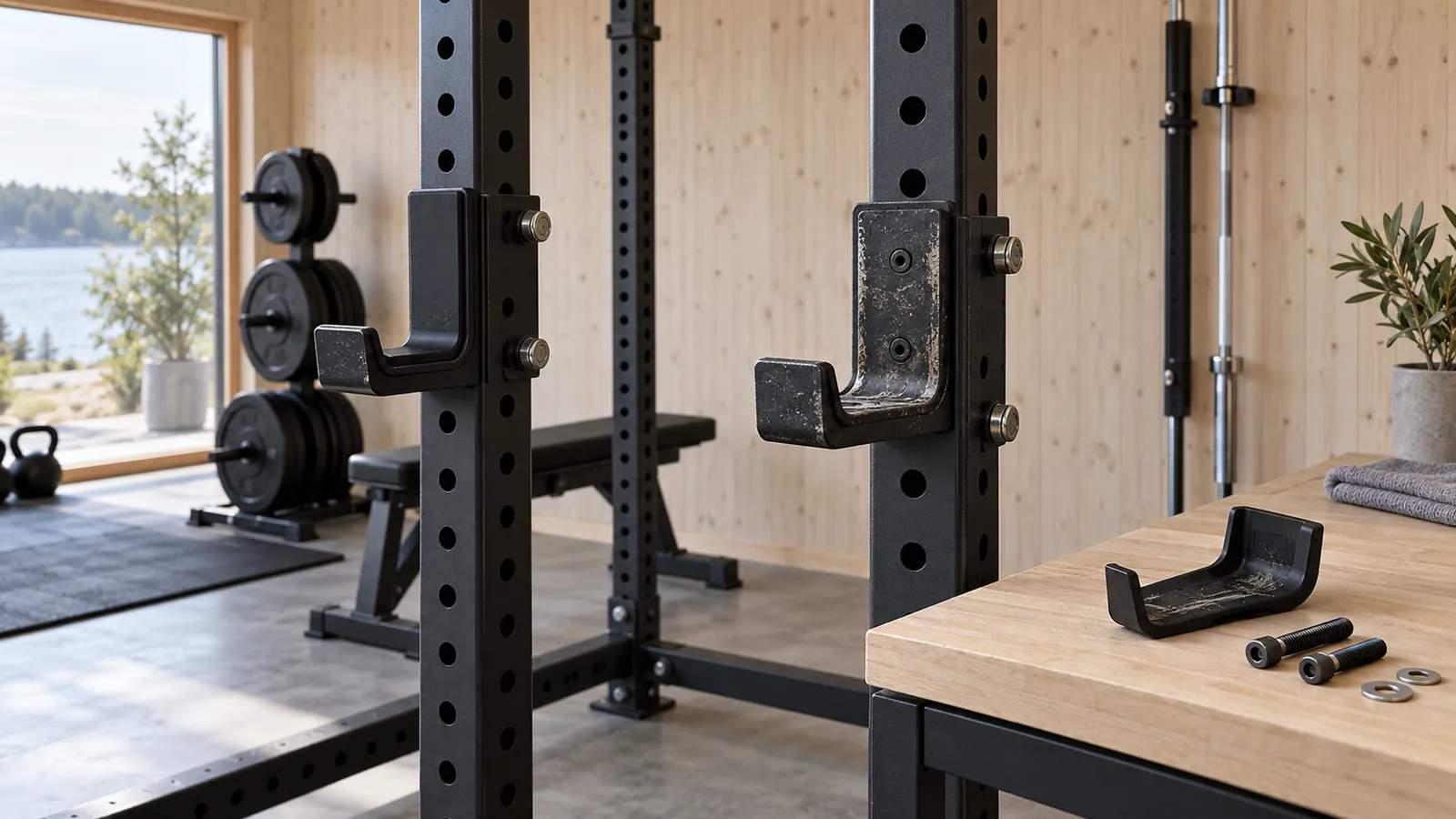 Närbild av helt och utslitet skydd på J-cups i ett power rack