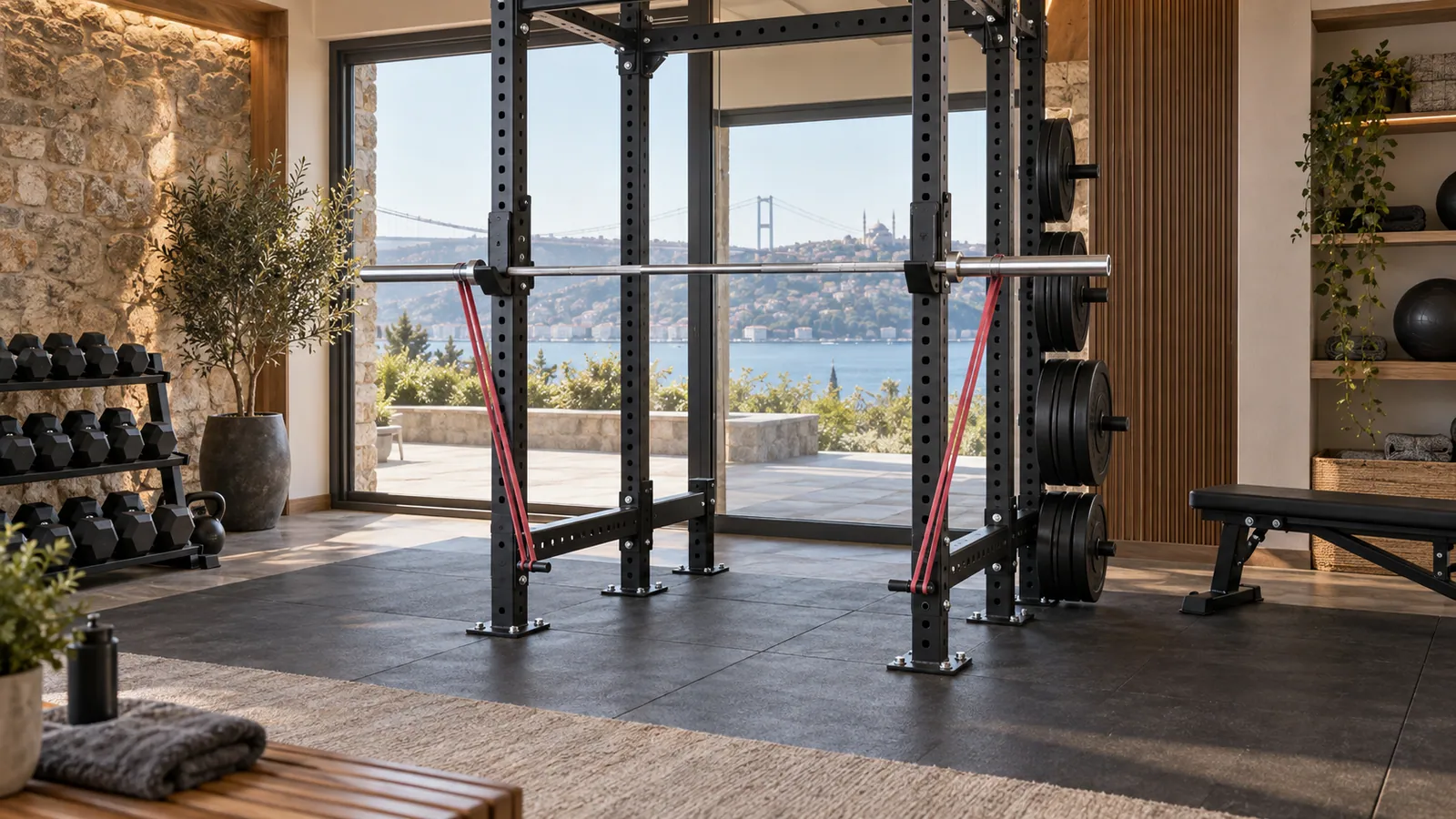 Zemine sabit power rack üzerinde çift band peg ve simetrik direnç bantları