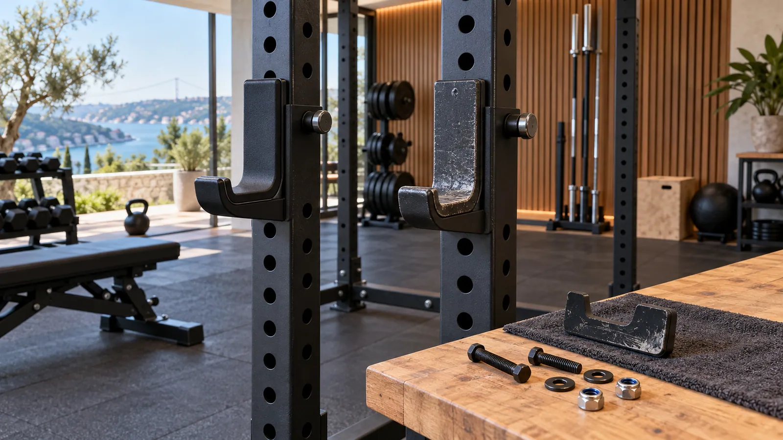 Power rack J-cup üzerinde sağlam ve aşınmış koruyucu kaplamanın yakın görünümü