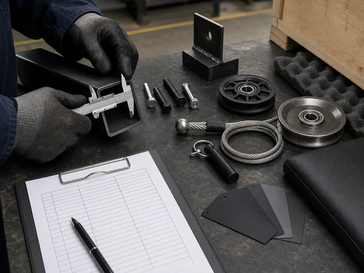 Steel tube, weld, pulleys, cable, fasteners and packing materials arranged for home gym equipment quality inspection