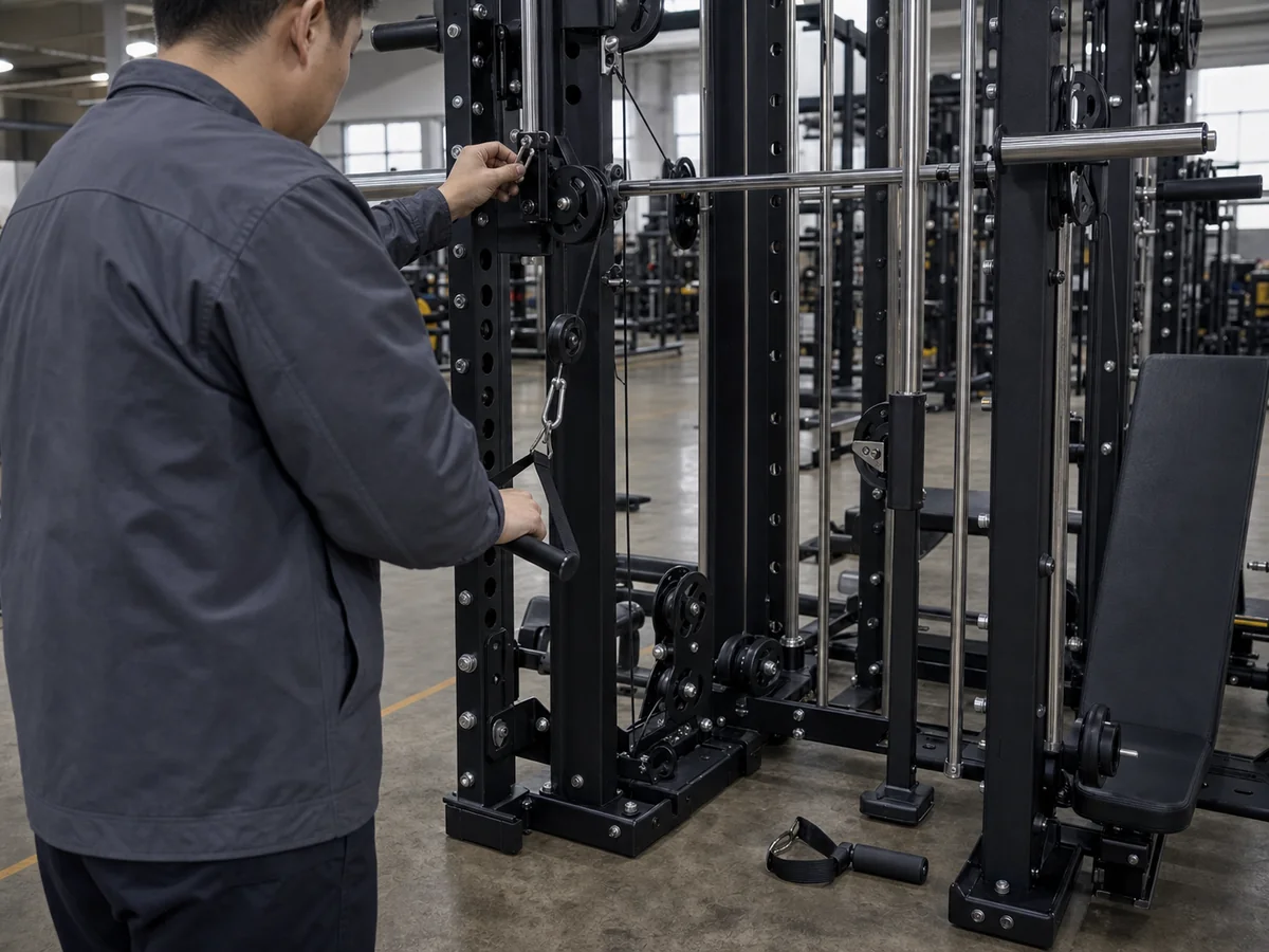 Technician checking cable, pulley, adjustment and guided movement functions