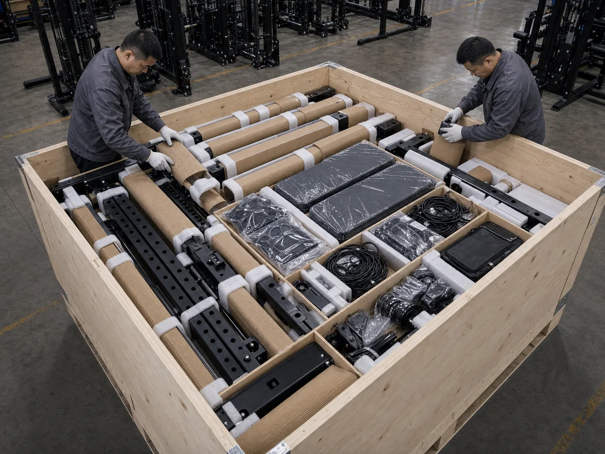Protected home gym equipment components organized inside a plywood wooden crate