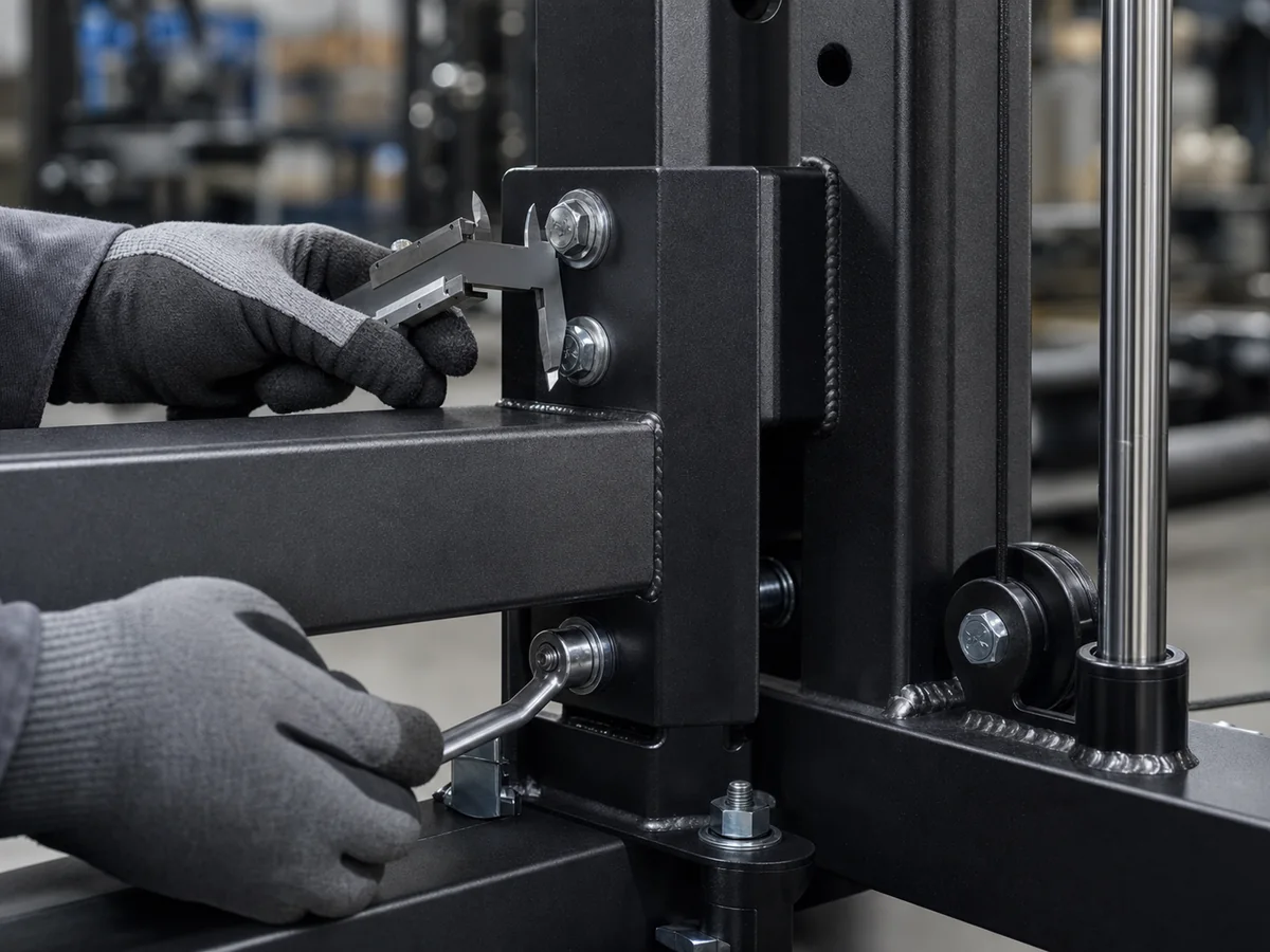Inspector checking welds, powder coating, bolts and frame junction workmanship