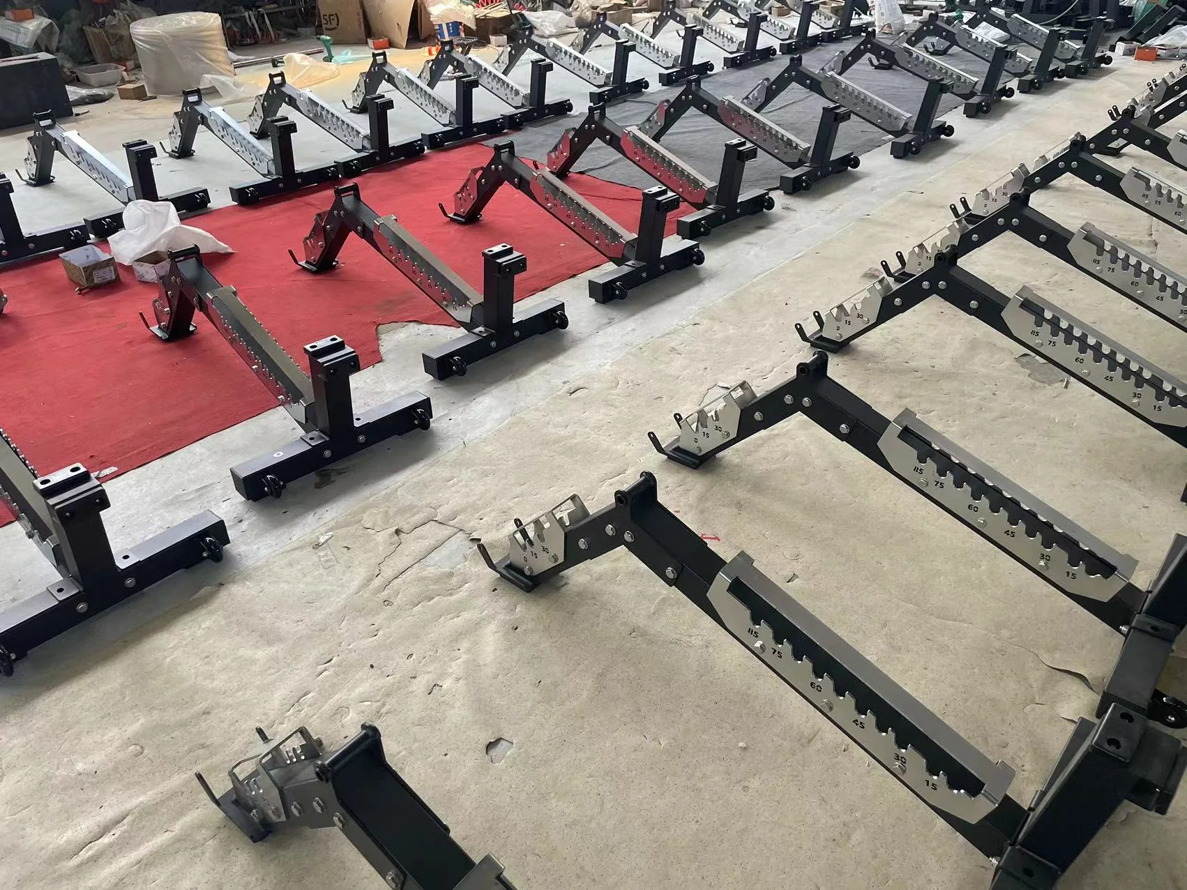 Bench frames arranged for batch production