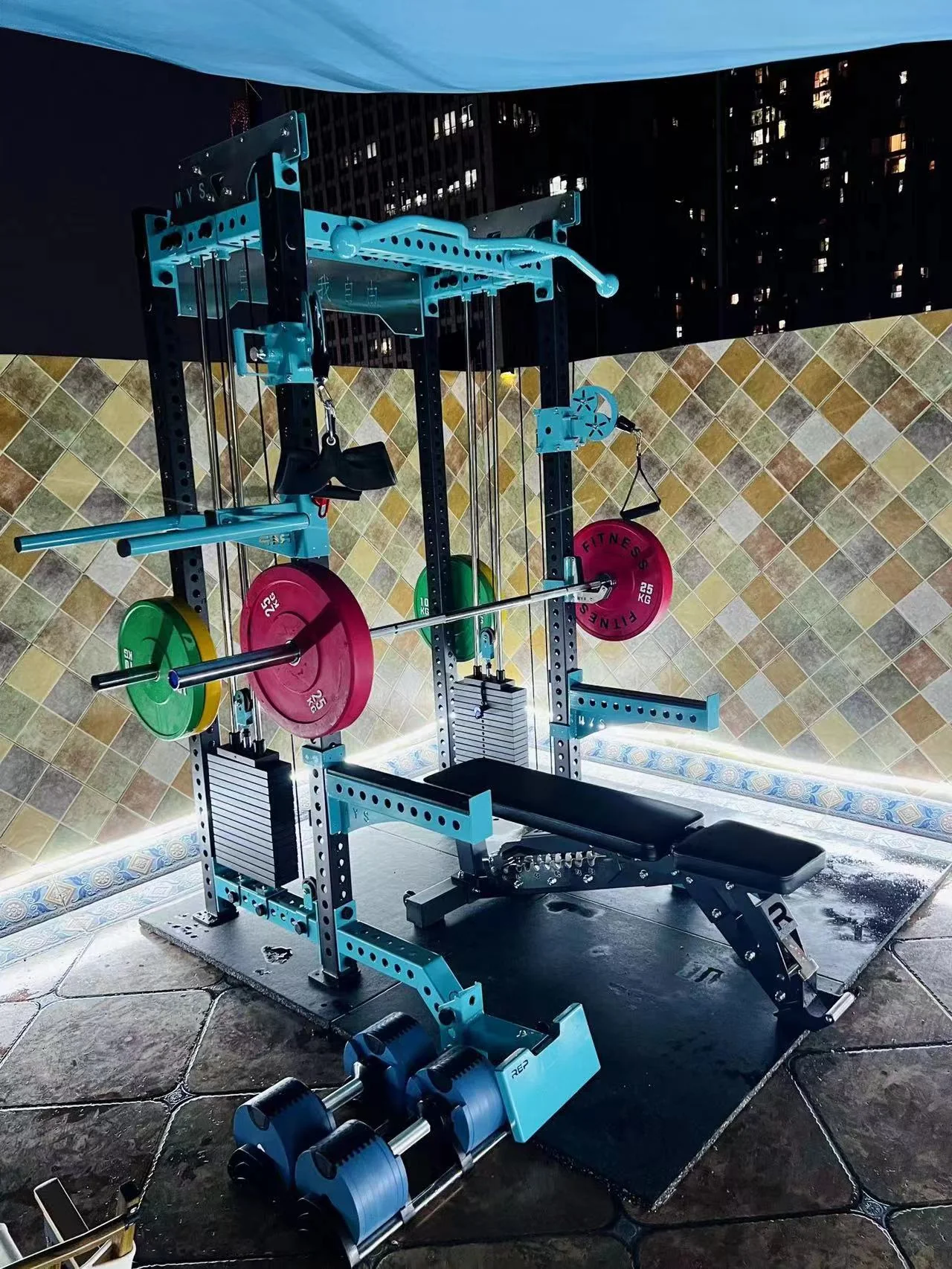 Customized aqua multifunctional rack installed in a home gym