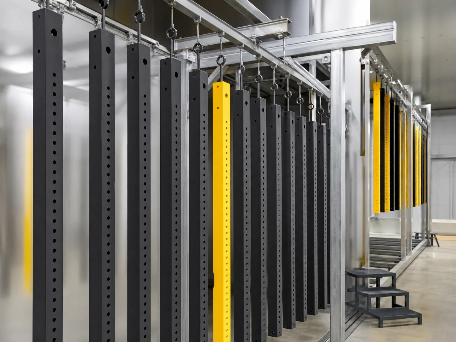Rack uprights with black and custom yellow powder-coated finishes