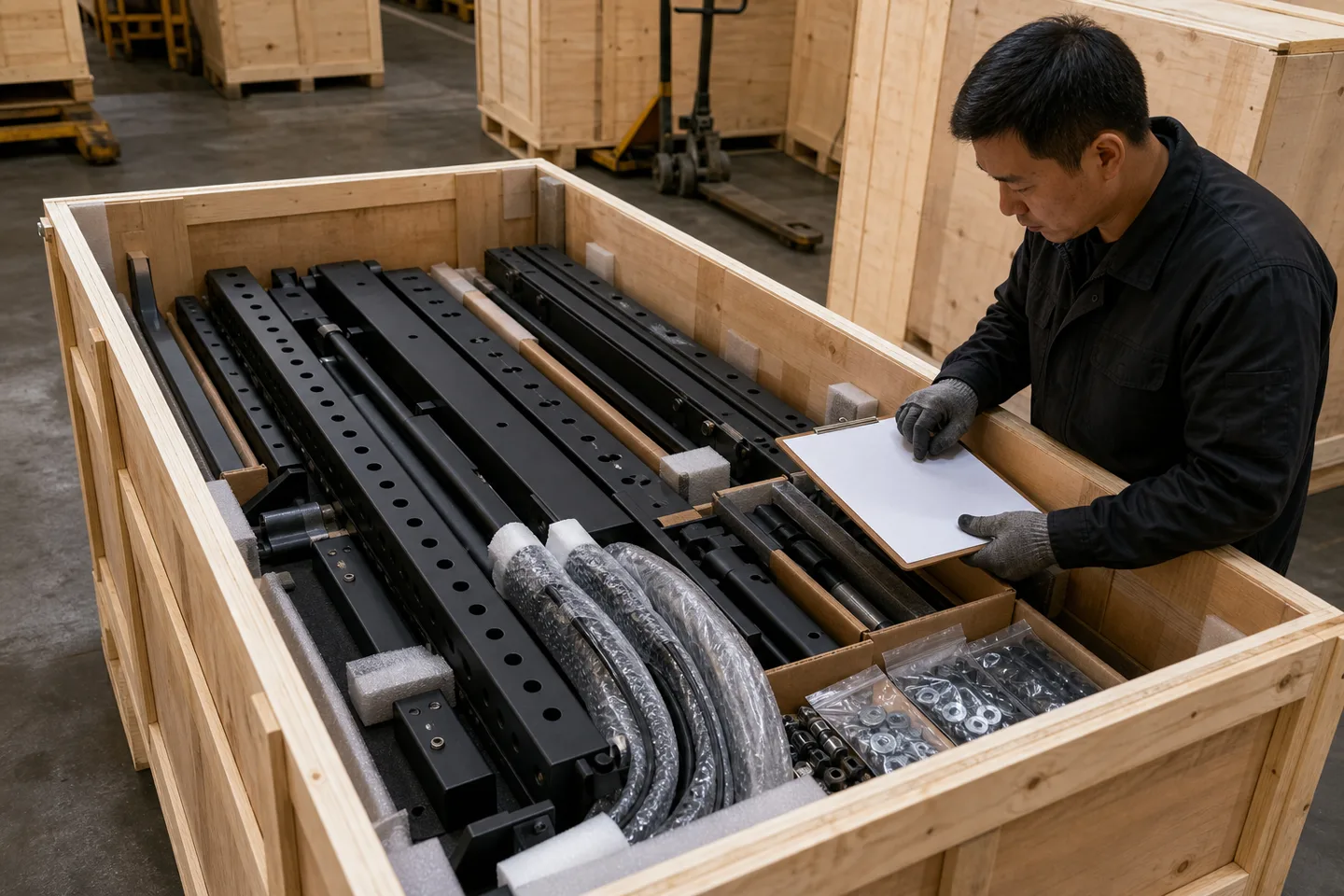 Rack components and hardware checked inside a protective wooden export crate