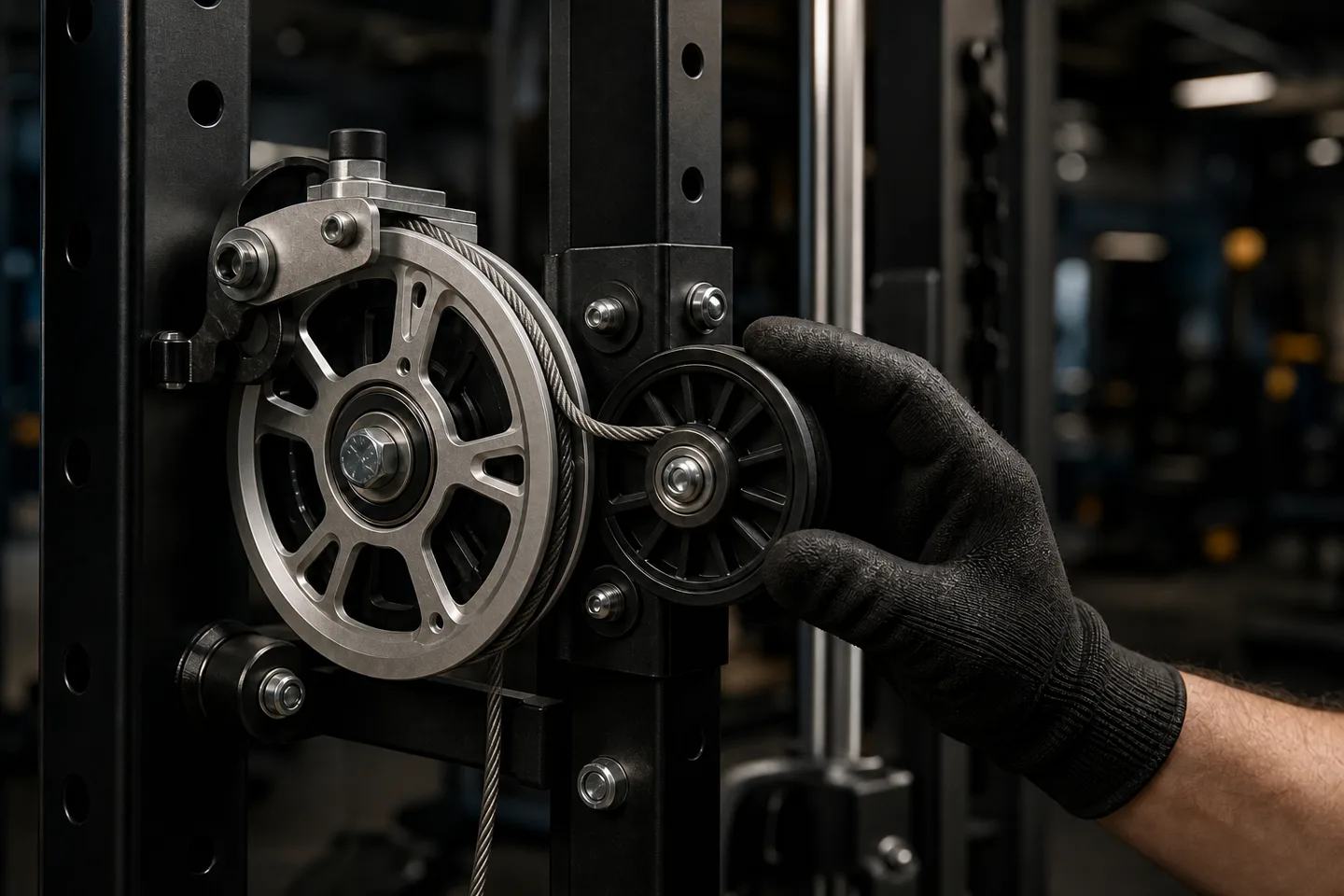 Pulley and steel cable inspection reference on a multifunctional rack