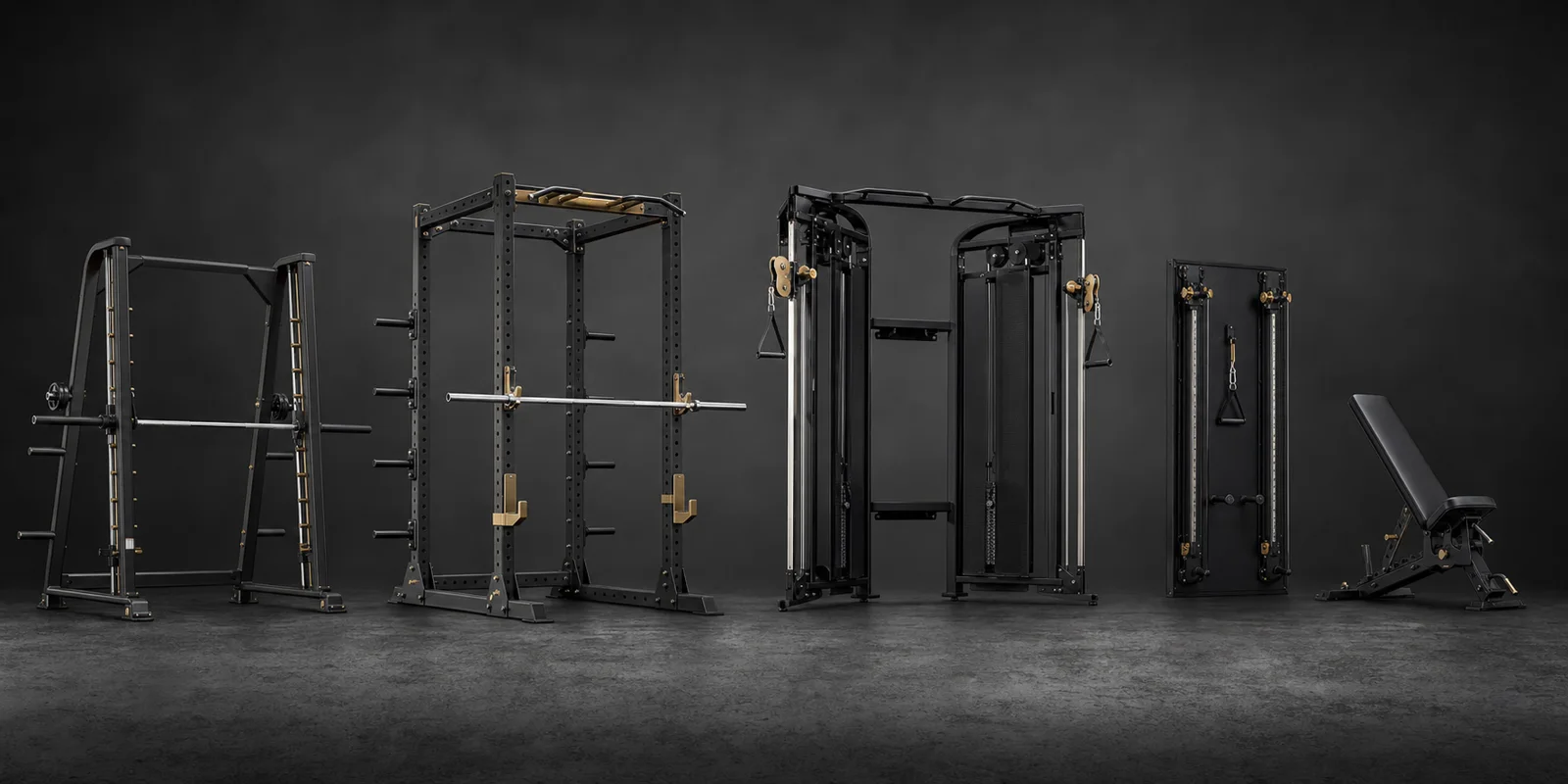 PBF Fitness rack, cable trainer, wall-mounted trainer and adjustable bench range