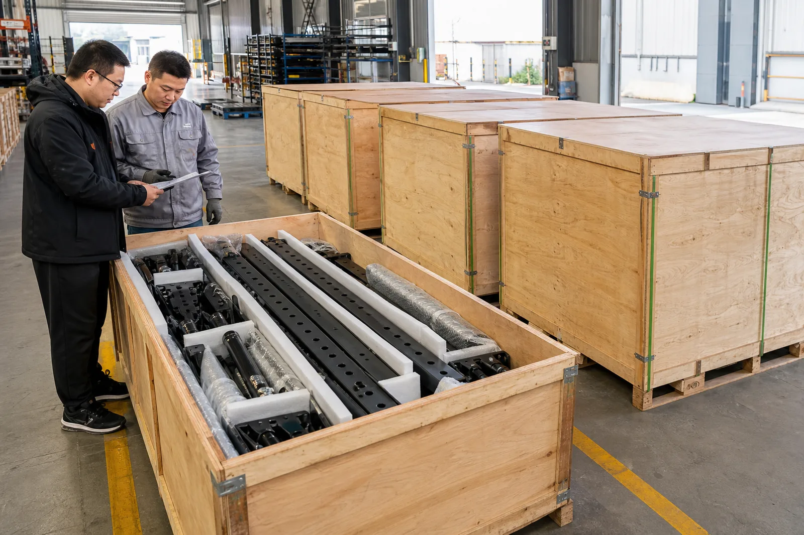 Rack components protected inside export wooden crates